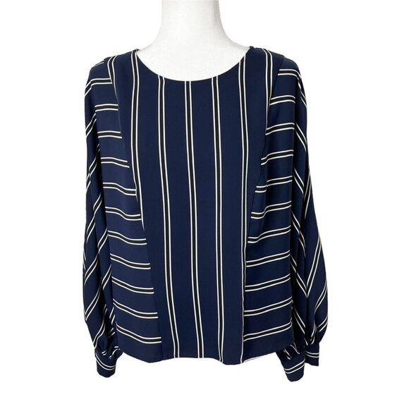 Express Women's Striped Blouse Size M Blue & White Dolman Long Sleeve Slit Back - Picture 1 of 10